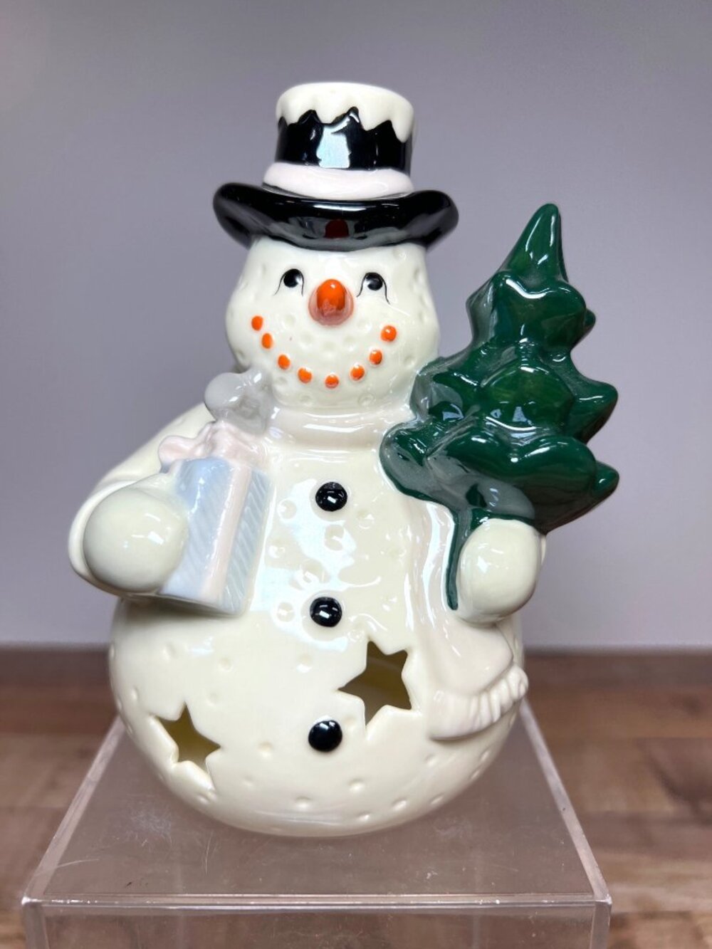 Snowman Ceramic Tea Light Holder With Star Cutouts & Festive Tree